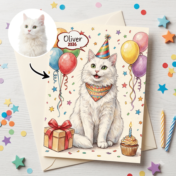 Carte de vœux personnalisée « Joyeux anniversaire » avec photo de votre animal, son nom et l'année – Cadeau d'anniversaire pour les propriétaires et les amoureux des animaux