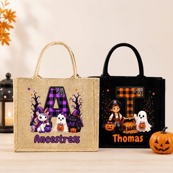 Personalized Halloween Ghost Pumpkin Checkered Initial Large Capacity Jute Bag with Name Halloween Party Trick or Treat Activity Gift for Kids