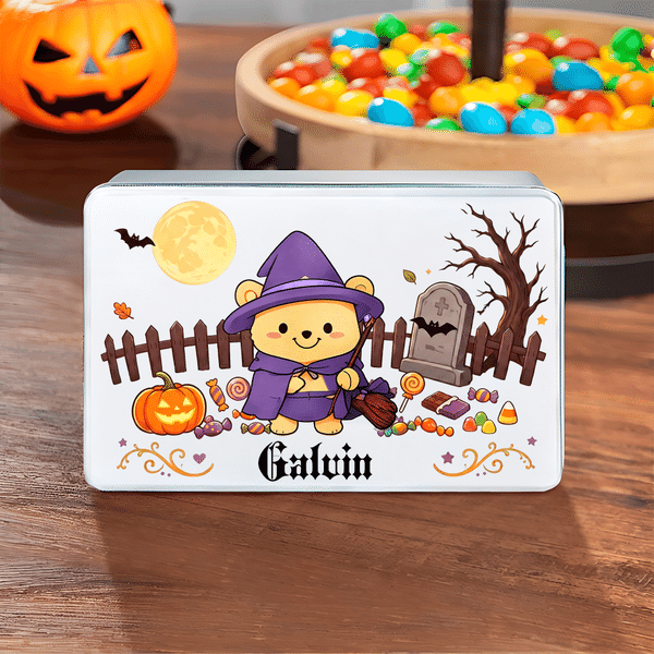 Boîte de rangement en fer-blanc personnalisée sur le thème d'Halloween, avec un adorable ourson de dessin animé, de qualité alimentaire, avec prénom – Cadeau pour une fête d'Halloween destiné aux enfa