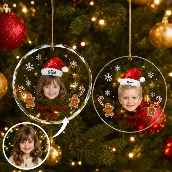 Personalised Kid Fun Face Photo Christmas Hat Acrylic Glass Ornament with Name Text and Year Tree Decoration Christmas Gift for Kids Friends