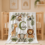 Coperta morbida personalizzata con simpatici motivi di scimmietta, giraffa, elefante e leone, con nome: decorazione per la cameretta, regalo per baby shower e compleanno, per bambino e bambina