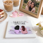 Posavasos de cerámica personalizados con dibujo de dibujos animados: «Mejor amigo», vista trasera, forma cuadrada o redonda, con nombres y texto. Regalo de amistad, de cumpleaños o «porque sí» para lo