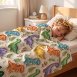 Henkilökohtainen 3D-tyylinen taideteos: värikäs sarjakuvamainen pehmeä dinosaurus-viltti, jossa on nimi – sisustustuote ja syntymäpäivälahja pojalle, joka rakastaa dinosauruksia