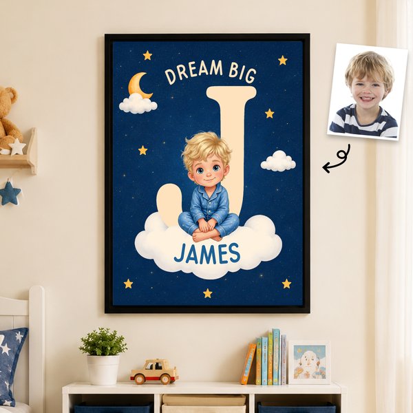 Personalised Picture Book Style Cartoon Kid Dream Big Canvas Prints with Name Minimalist Home Decor Ship from USA Birthday Gift for Boys Girls