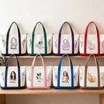 Personalized Multicolor Birth Flower Portrait Photo Canvas Tote Bag with Name  Daily Use Birthday Gift for Women Family