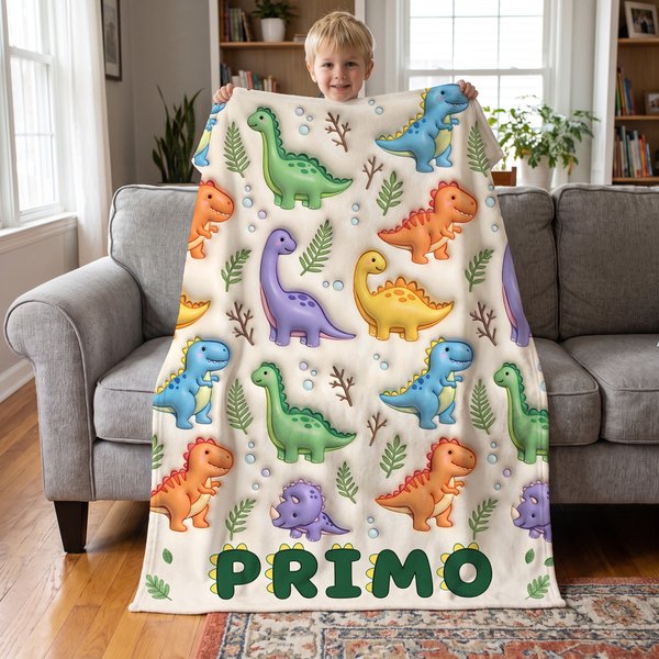 Personalized 3D-Style Artwork Colorful Cartoon Dinosaur Soft Throw Blanket with Name Home Decor Birthday Gift for Boy Dinosaur Lover
