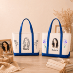 Personalized Multicolor Birth Flower Portrait Photo Canvas Tote Bag with Name  Daily Use Birthday Gift for Women Family