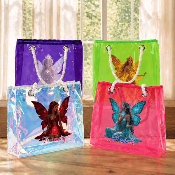Borsa tote trasparente olografica personalizzata con pietra natale, glitter multicolori e motivo fatato, con nome – Accessori da viaggio – Regalo di compleanno per ragazze e donne