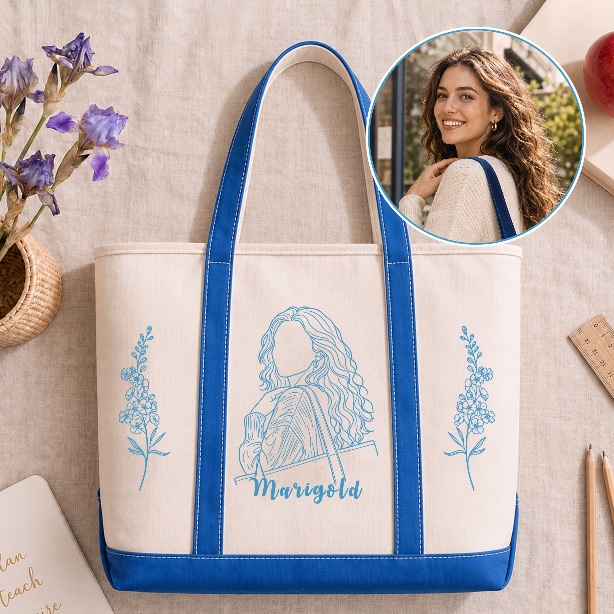 Personalisierte, mehrfarbige Tragetasche aus Fotoleinwand mit Geburtsblumen-Porträt und Namen – Alltagsgeschenk zum Geburtstag für Frauen und die Familie