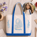 Personalized Multicolor Birth Flower Portrait Photo Canvas Tote Bag with Name  Daily Use Birthday Gift for Women Family