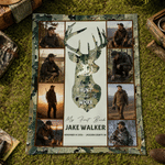 Couverture douce camouflage personnalisée avec collage de photos de chasse et silhouette de cerf, avec titre et prénom – Cadeau d'anniversaire pour papa chasseur, idéal pour les activités de plein air