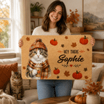 Personalized Autumn Hey There Maple Leaf Pumpkin Pet Photo Non-Slip Doormat with Name  Thanksgiving Birthday Gift for Pet Owner Lover