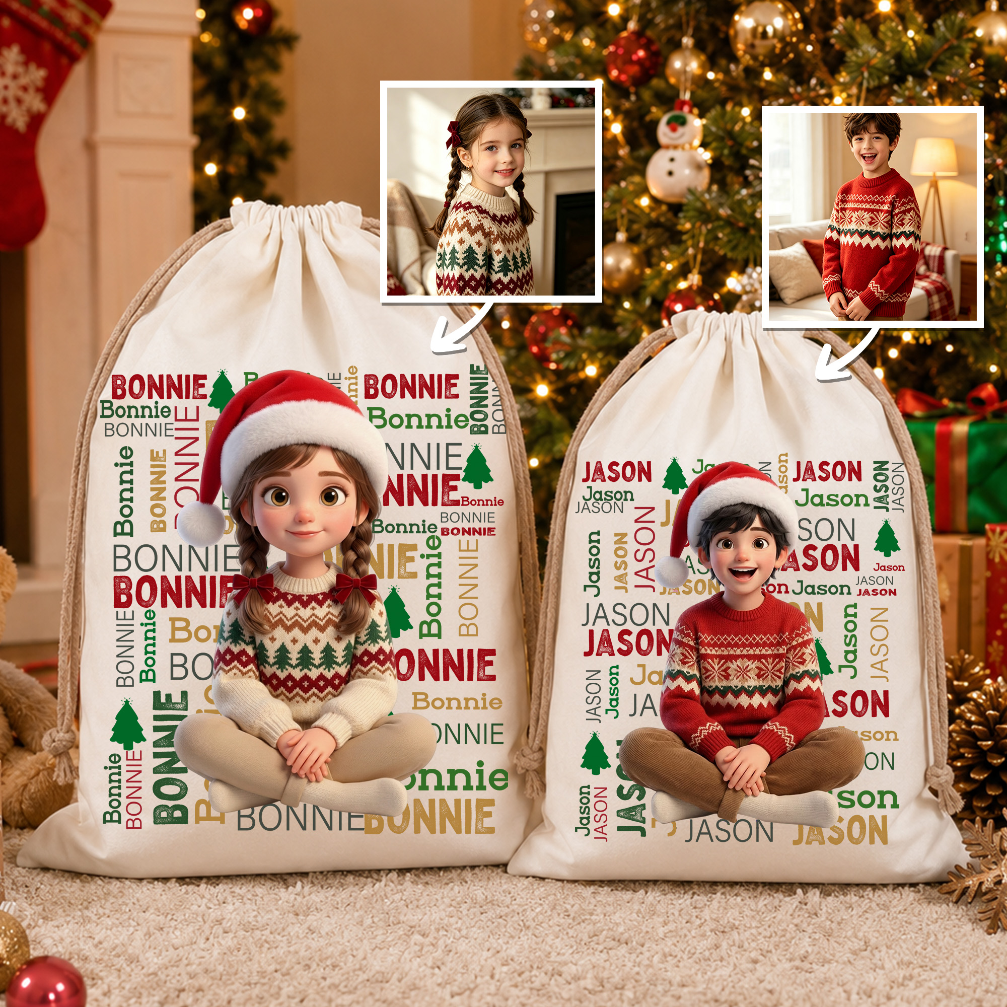 Personalisierter Geschenkbeutel mit Cartoon-Motiv und Foto im 3D-Stil | mit Namen | Weihnachtsmann-Motiv | Weihnachtsgeschenk für Kinder und Freunde