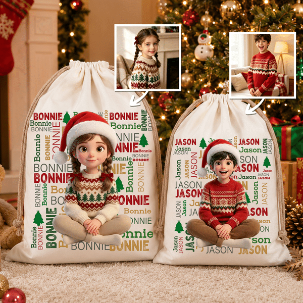 Sac cadeau du Père Noël de grande capacité, personnalisé avec une illustration de style 3D, un dessin animé et la photo de votre enfant, avec son prénom – Cadeau de Noël pour les enfants et leurs amis