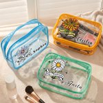 Personalized Retro Birth Flower Waterproof Clear Makeup Bag with Zipper and Name Travel Accessory Birthday Bridal Party Gift for Her