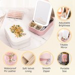 Personalized Birth Flower PU Leather Jewelry Box with Name and LED Three‑Color Mirror Bridal Shower Birthday Gift for Brides Bridesmaids