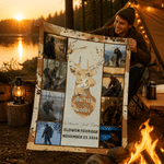 Couverture douce camouflage personnalisée avec collage de photos de chasse et silhouette de cerf, avec titre et prénom – Cadeau d'anniversaire pour papa chasseur, idéal pour les activités de plein air