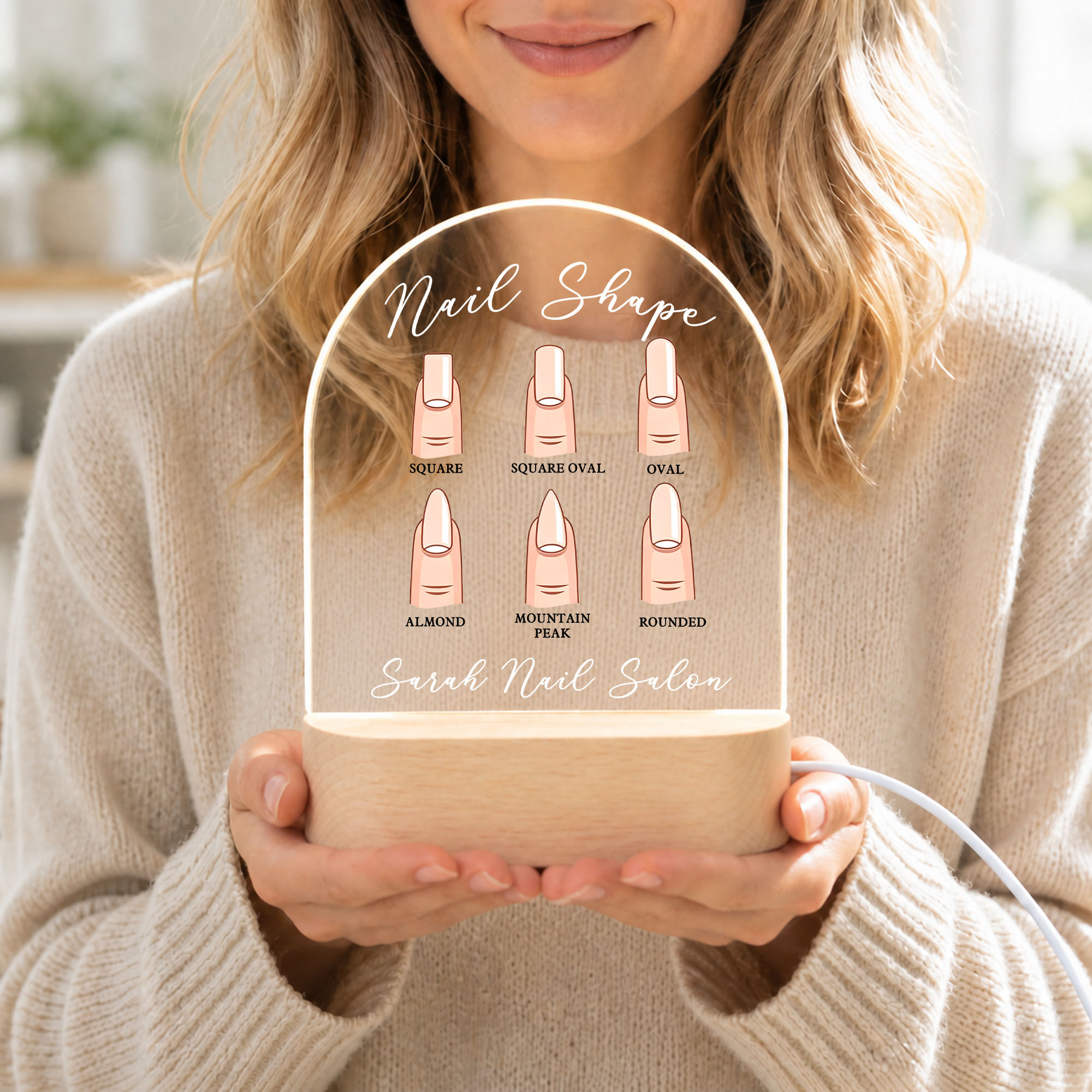Individuell gestaltetes Acryl-LED-Nachtlicht in Nagelform mit Shop-Name und Holzsockel – Tischdekoration und Einweihungsgeschenk für Nagelstudios, ideal für Nageldesignerinnen