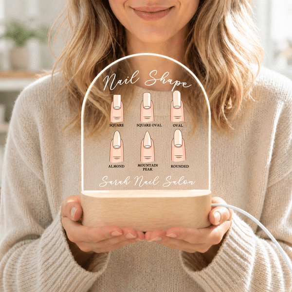 Luz nocturna LED acrílica con diseño personalizado de la forma de las uñas, con el nombre del salón y base de madera; decoración de mesa; regalo de inauguración para un salón de manicura, ideal para a