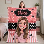Gepersonaliseerde polkadot-deken met foto-naar-cartoon-ontwerp, gezellige plaid met naam – woondecoratie en verjaardagscadeau voor jongens en meisjes