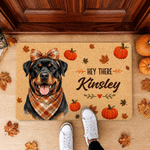 Personalized Autumn Hey There Maple Leaf Pumpkin Pet Photo Non-Slip Doormat with Name  Thanksgiving Birthday Gift for Pet Owner Lover