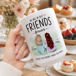 Personnages de dessins animés personnalisés, vue de dos. « Je pense à toi, ma meilleure amie ». Tasse à café en céramique de 11 oz ou 15 oz avec prénom. Souvenir d'amitié, cadeau d'anniversaire pour l
