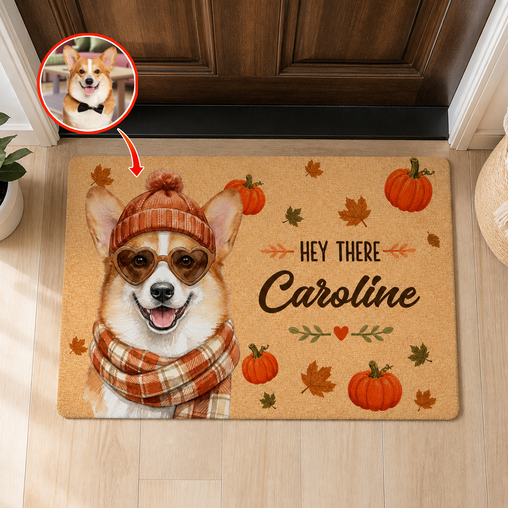Personalisierte Herbst-Fußmatte „Hey There“ mit Ahornblatt- und Kürbismotiv sowie Foto Ihres Haustieres – rutschfest und mit Namen – als Thanksgiving- oder Geburtstagsgeschenk für Tierliebhaber