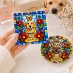 Ciotolina in ceramica personalizzata per gioielli, a forma di cerchio o quadrato, con foto del proprio animale domestico in stile vetrata colorata, motivo floreale e farfalla, con nome, ideale come re