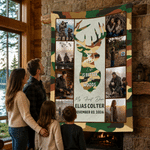 Couverture douce camouflage personnalisée avec collage de photos de chasse et silhouette de cerf, avec titre et prénom – Cadeau d'anniversaire pour papa chasseur, idéal pour les activités de plein air