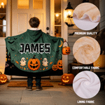 Couverture à capuche personnalisée sur le thème d'Halloween, multicolore, avec citrouille, chauve-souris et fantôme, avec prénom – Décoration d'intérieur et cadeau pour une fête d'Halloween, pour garç