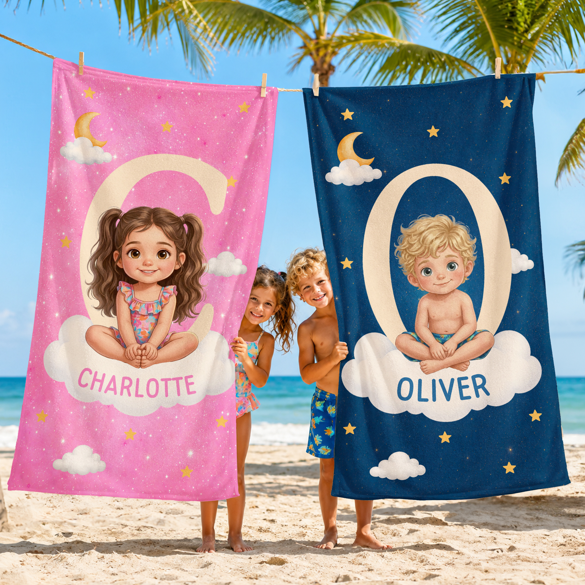 Individuell gestaltetes Strandtuch im Bilderbuchstil mit Cartoon-Figur und Foto, übergroß, schnell trocknend – mit Namen – Strandparty- und Geburtstagsgeschenk für Kinder