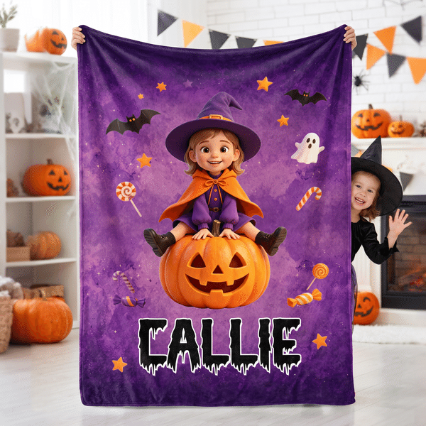 Manta suave con diseño personalizado con efecto 3D: simpático personaje de bruja vampiro, con foto y nombre. Decoración para el hogar. Regalo para fiestas de Halloween para niños y niñas.