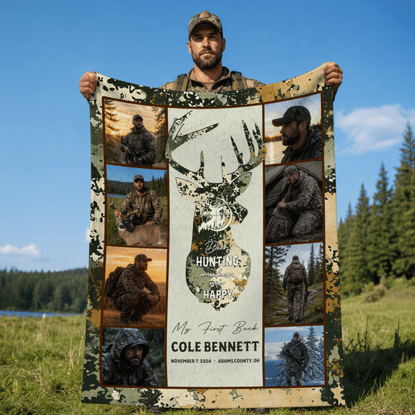 Couverture douce camouflage personnalisée avec collage de photos de chasse et silhouette de cerf, avec titre et prénom – Cadeau d'anniversaire pour papa chasseur, idéal pour les activités de plein air