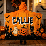 Couverture à capuche personnalisée sur le thème d'Halloween, multicolore, avec citrouille, chauve-souris et fantôme, avec prénom – Décoration d'intérieur et cadeau pour une fête d'Halloween, pour garç