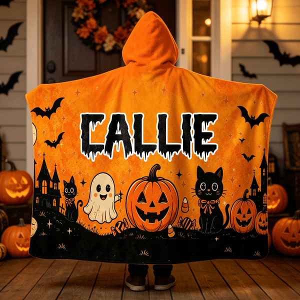 Personalised Multicolour Pumpkin Bat Ghost Halloween Themed Hooded Blanket with Name Home Decor Halloween Party Gift for Boys Girls