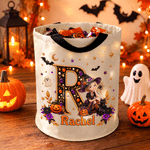 Borsa con luce LED personalizzata con immagine artistica in stile 3D raffigurante una strega e un vampiro in versione cartone animato, con nome e iniziali: regalo di Halloween “dolcetto o scherzetto” 