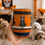 Personalized Sugar Skull Cat Dog Floral 12 oz Wine Tumbler with Name Home Decor Day of the Dead Halloween Gift for Cat Dog Owners