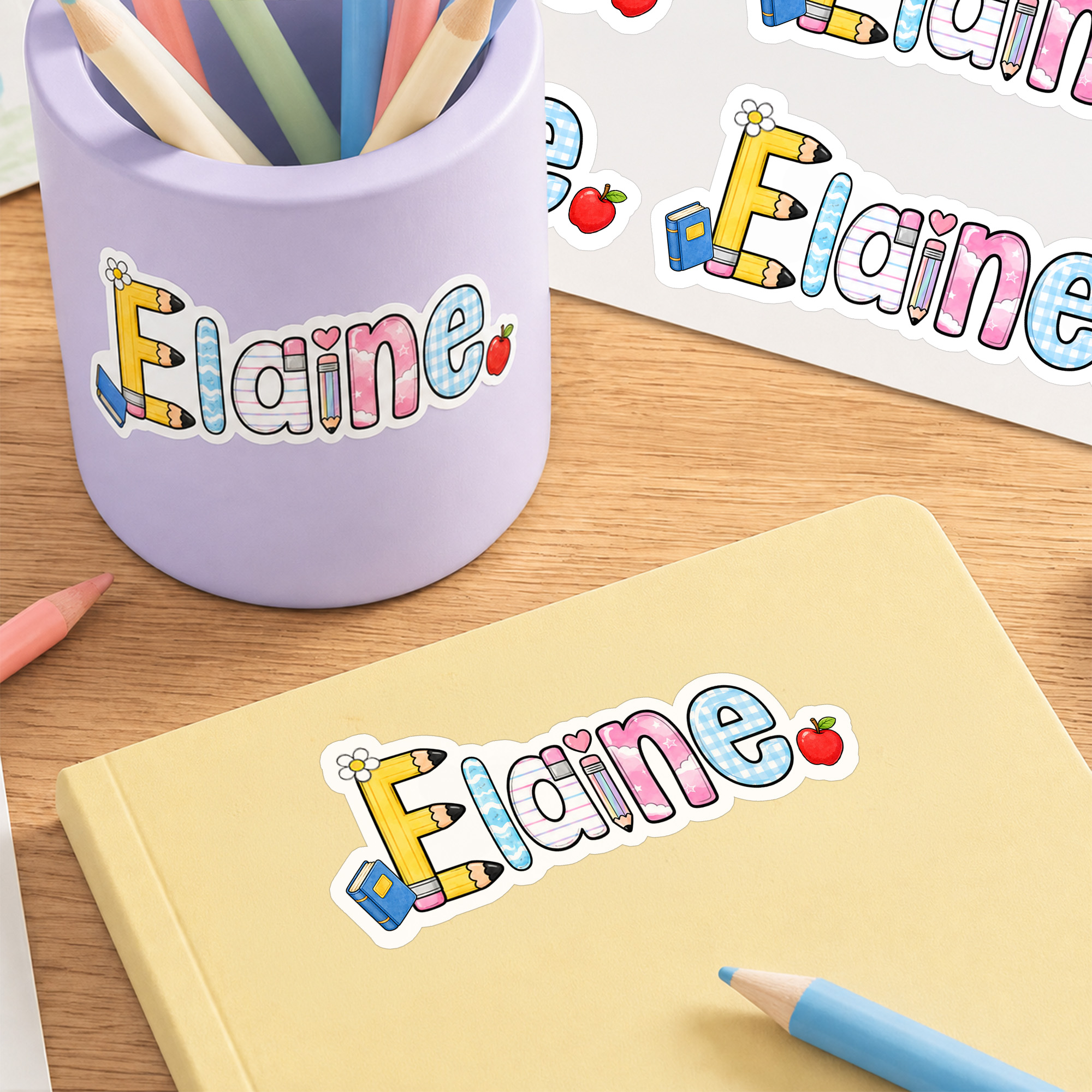 Individuell gestaltete Cartoon-Namensaufkleber zum Thema Schule mit Namen – für den täglichen Gebrauch, als Geschenk zum Schulanfang oder Geburtstag für Lehrer und Kinder