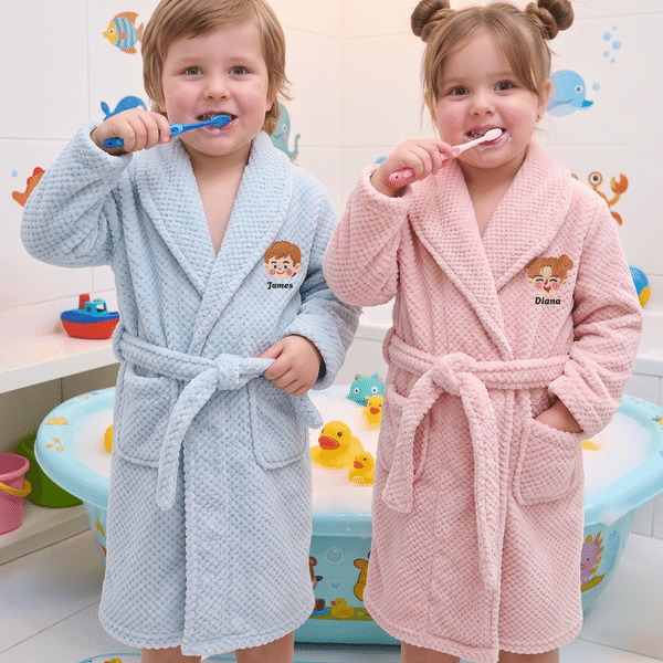 Gepersonaliseerde, geborduurde badjas met cartoonfiguur en foto, comfortabel en absorberend, voor kinderen, met naam, kerst- en verjaardagscadeau voor jongens en meisjes