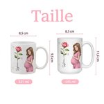 Tasse en céramique personnalisée avec nom fleur de naissance et personnage de future maman - Cadeau fête prénatale pour future maman