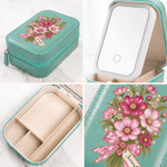 Personalized Birth Flower PU Leather Jewelry Box with Name and LED Three‑Color Mirror Bridal Shower Birthday Gift for Brides Bridesmaids