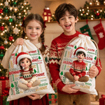 Personalised 3D-Style Artwork Cartoon Kid Photo Large Capacity Santa Claus Gift Bag with Name Christmas Gift for Kids Friends