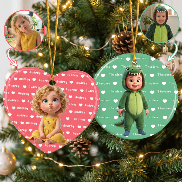 Personalized 3D-Effect Artwork Cartoon Character Photo Christmas Tree Ceramic Ornament with Name and Hunging Rope Christmas Decor Gift for Family Kids