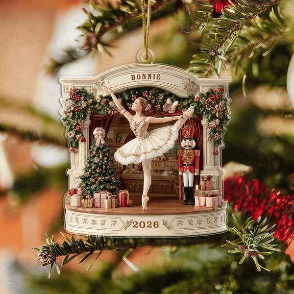 Adorno acrílico personalizado con efecto 3D de una bailarina y un cascanueces, con nombre y año, regalo de Navidad para una hija amante del ballet