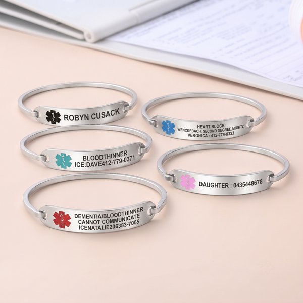 Bracelet d'alerte médicale personnalisé « Star of Life » avec messages gravés – À porter au quotidien – Cadeau d'anniversaire pour la famille – Diabète, allergies, épilepsie