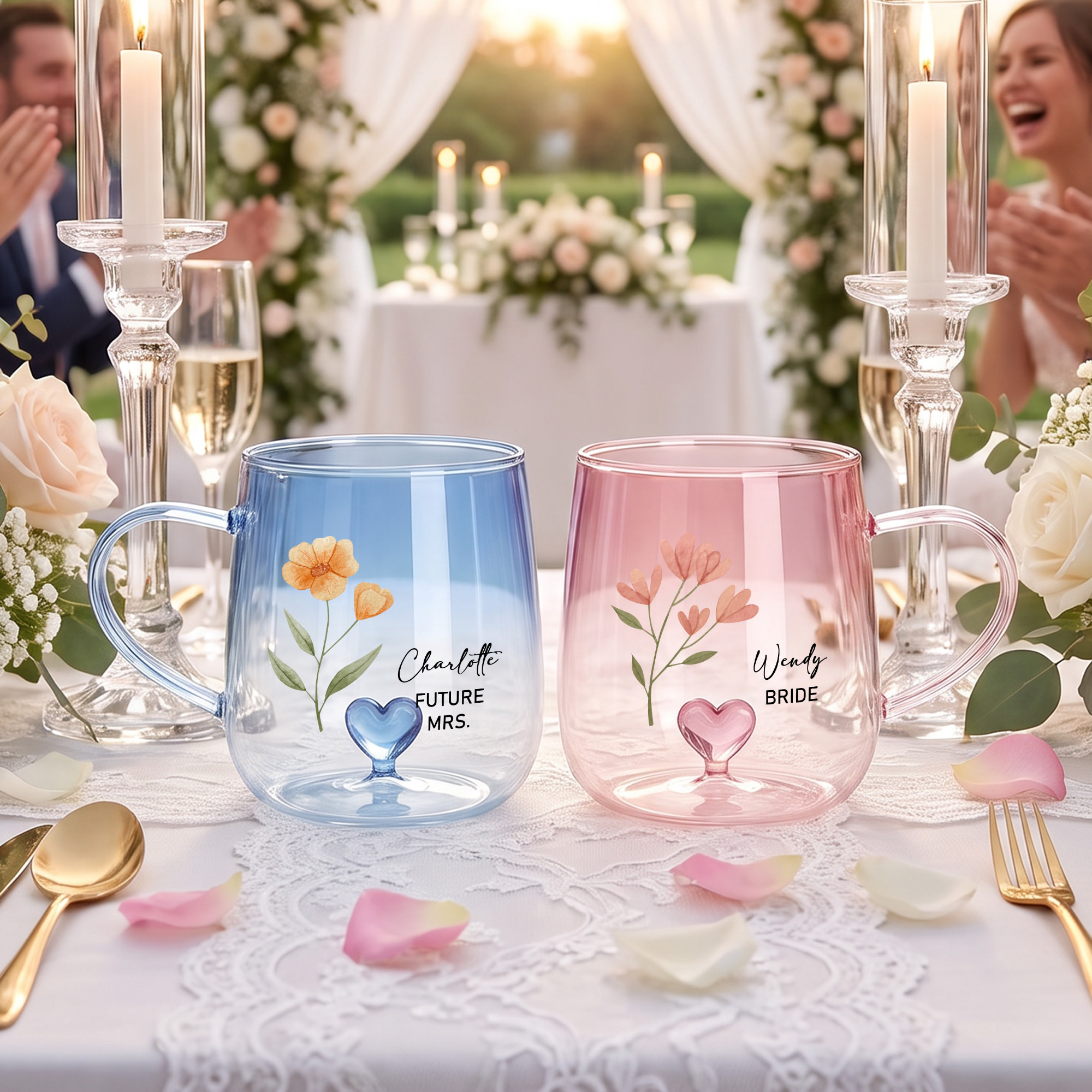 Personalisierte 3D-Herz-Glas-Tasse mit Blumenmotiv, Namen und Titel – Hochzeits- und Brautparty-Geschenk für Braut und Brautjungfer