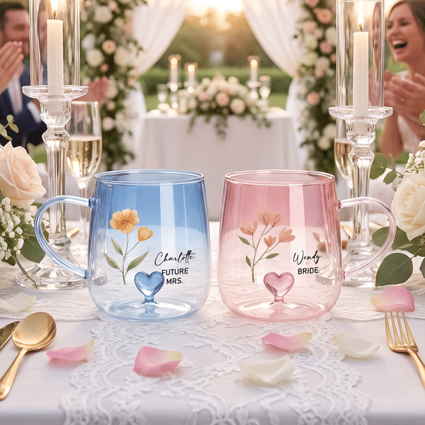 Personalized Birth Flower 3D Heart Ornament Glass Mug with Name and Title Wedding Bridal Shower Gift for Bride Bridesmaid