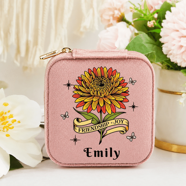 Astuccio da viaggio portatile in velluto personalizzato in stile retrò con fiore del mese di nascita e nome, regalo per matrimoni, feste nuziali e compleanni per donne