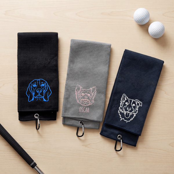 Individuell gestaltetes, mehrfarbig besticktes Haustierporträt – schnell trocknendes Golfhandtuch im Waffelmuster mit Namen und Haken – Geburtstags-, Golf- oder Wochenendgeschenk für Golfer und Tierli