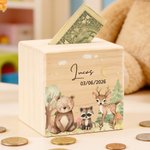 Tirelire en bois personnalisée avec nom - Animaux de la forêt - Cadeau d'anniversaire  pour enfants
